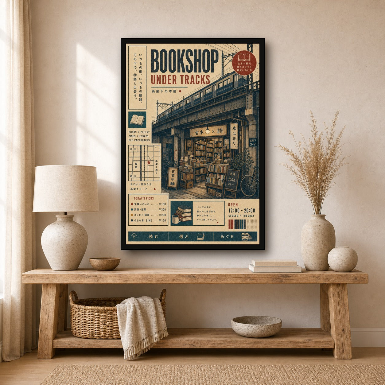 Bookshop Under Tracks Japanese Poster - 2x3 room mockup