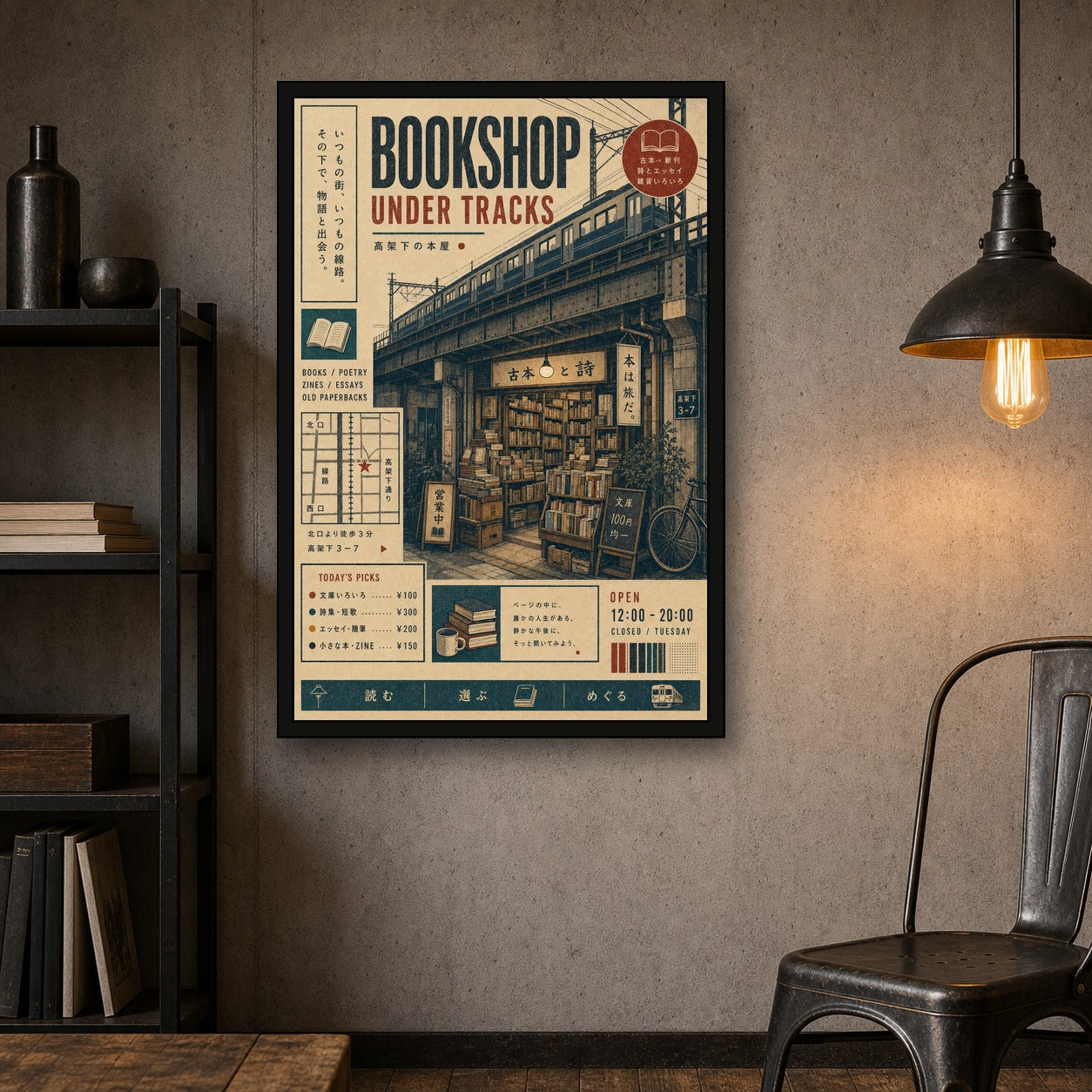 Bookshop Under Tracks Japanese Poster - 2x3 room mockup