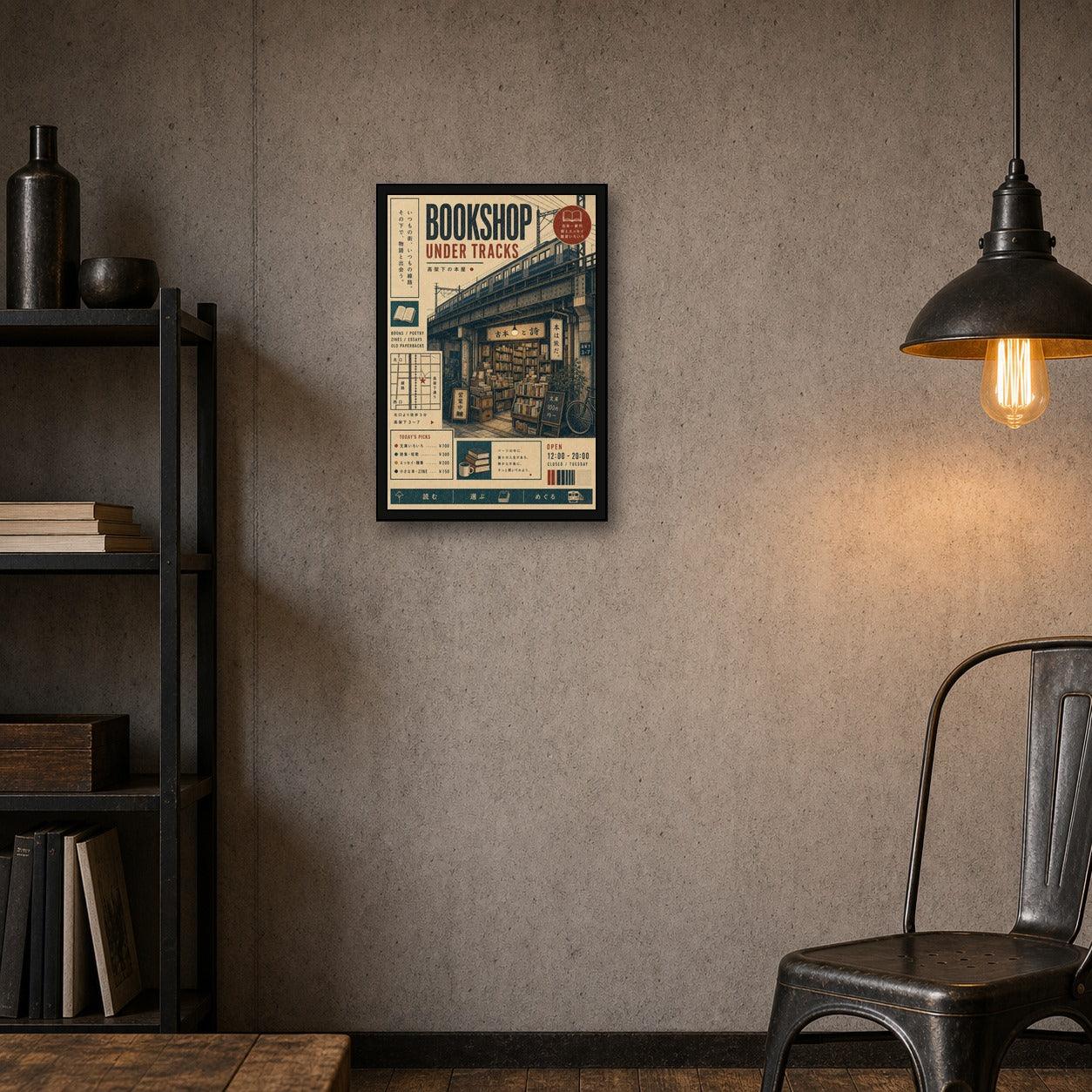 Bookshop Under Tracks Japanese Poster - 2x3 room mockup