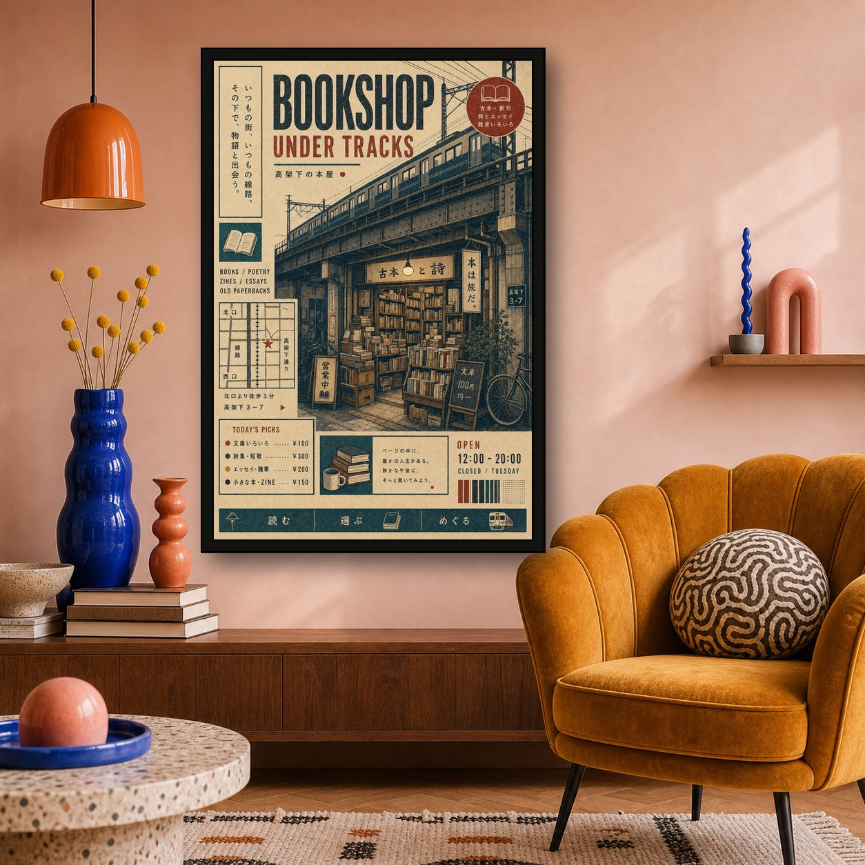 Bookshop Under Tracks Japanese Poster - 2x3 room mockup
