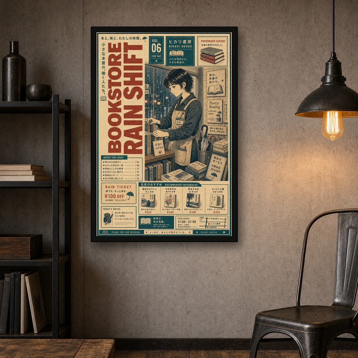 Bookstore Rain Shift Japanese Poster - 2x3 room mockup