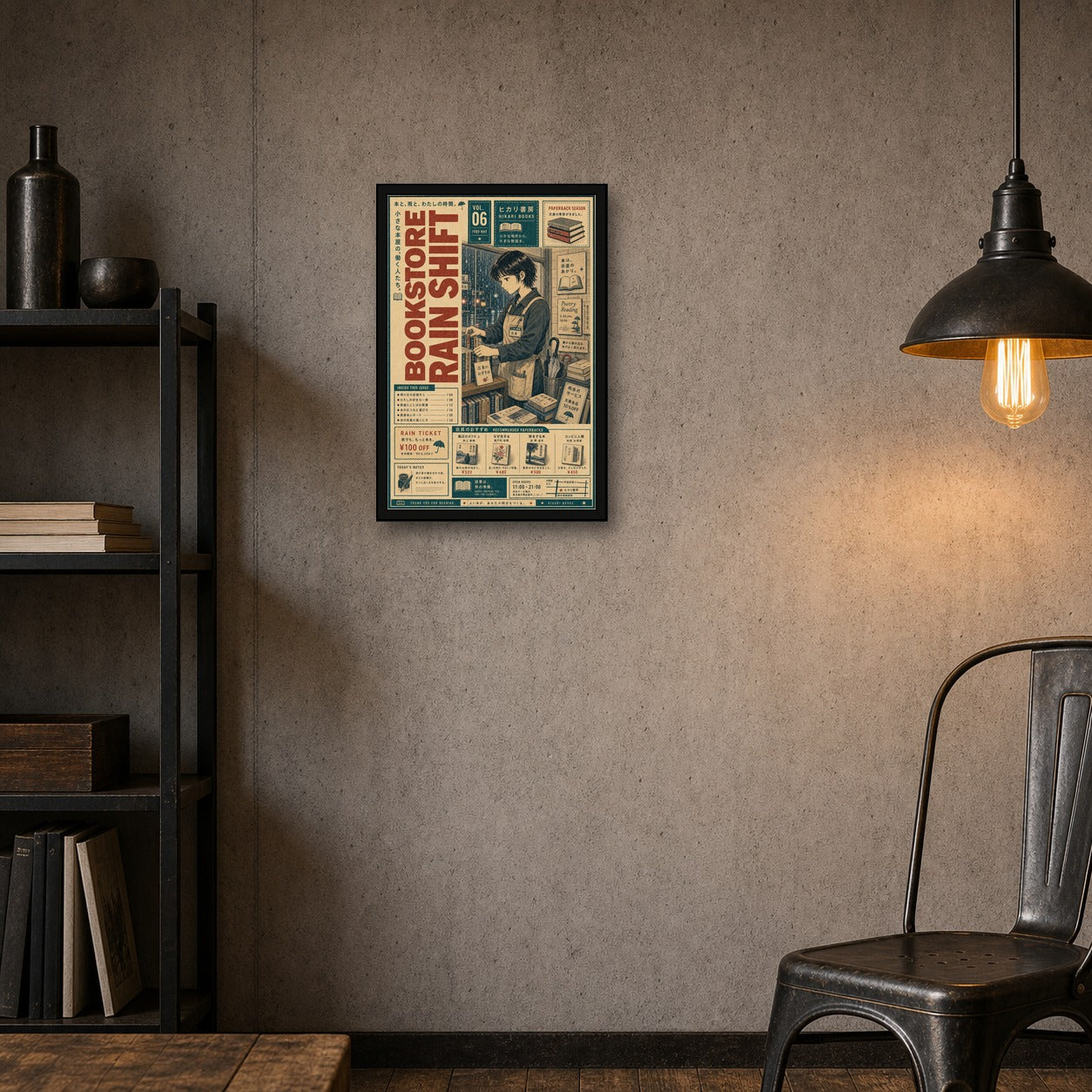Bookstore Rain Shift Japanese Poster - 2x3 room mockup