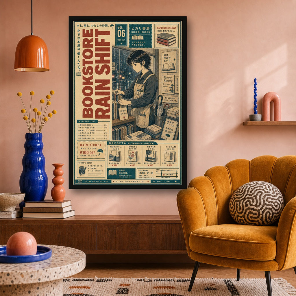 Bookstore Rain Shift Japanese Poster - 2x3 room mockup