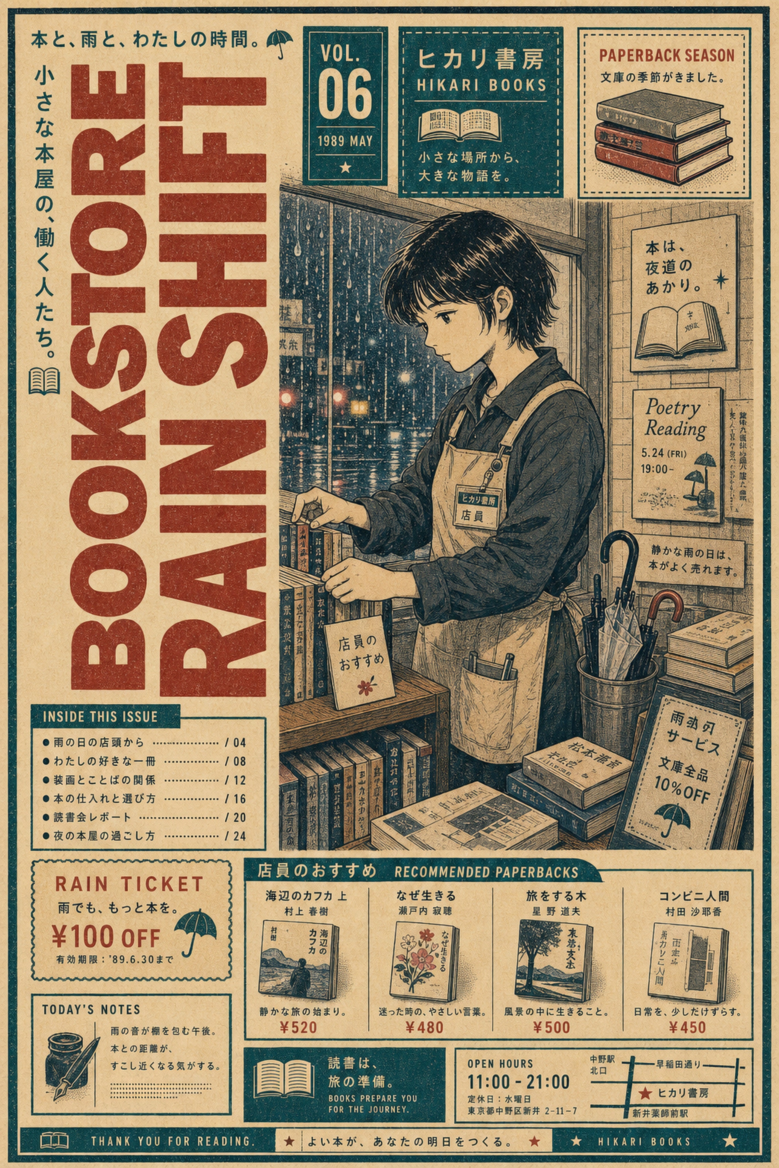 Bookstore Rain Shift Japanese Poster