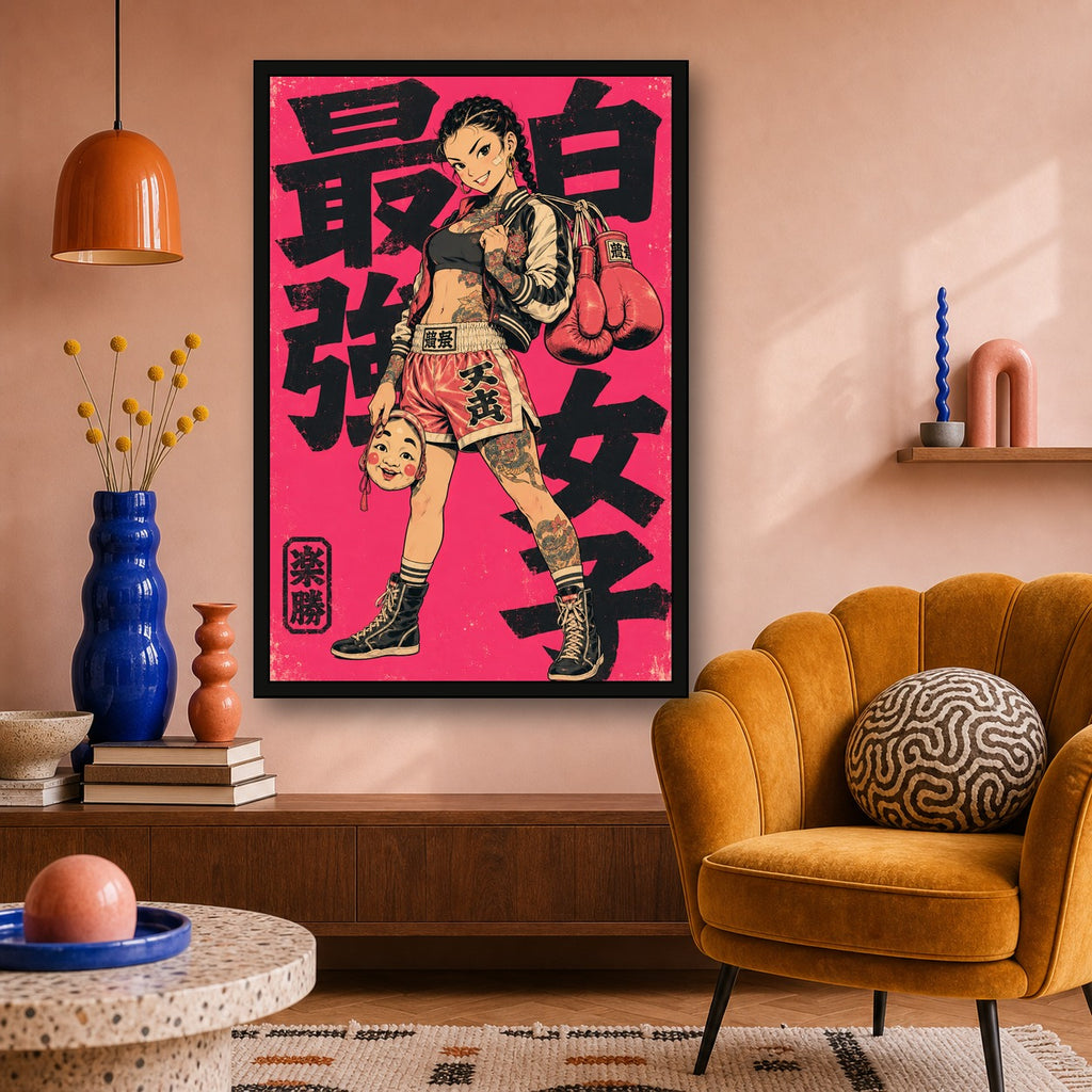 Boxing Girl Japanese Retro Poster - 2x3 room mockup