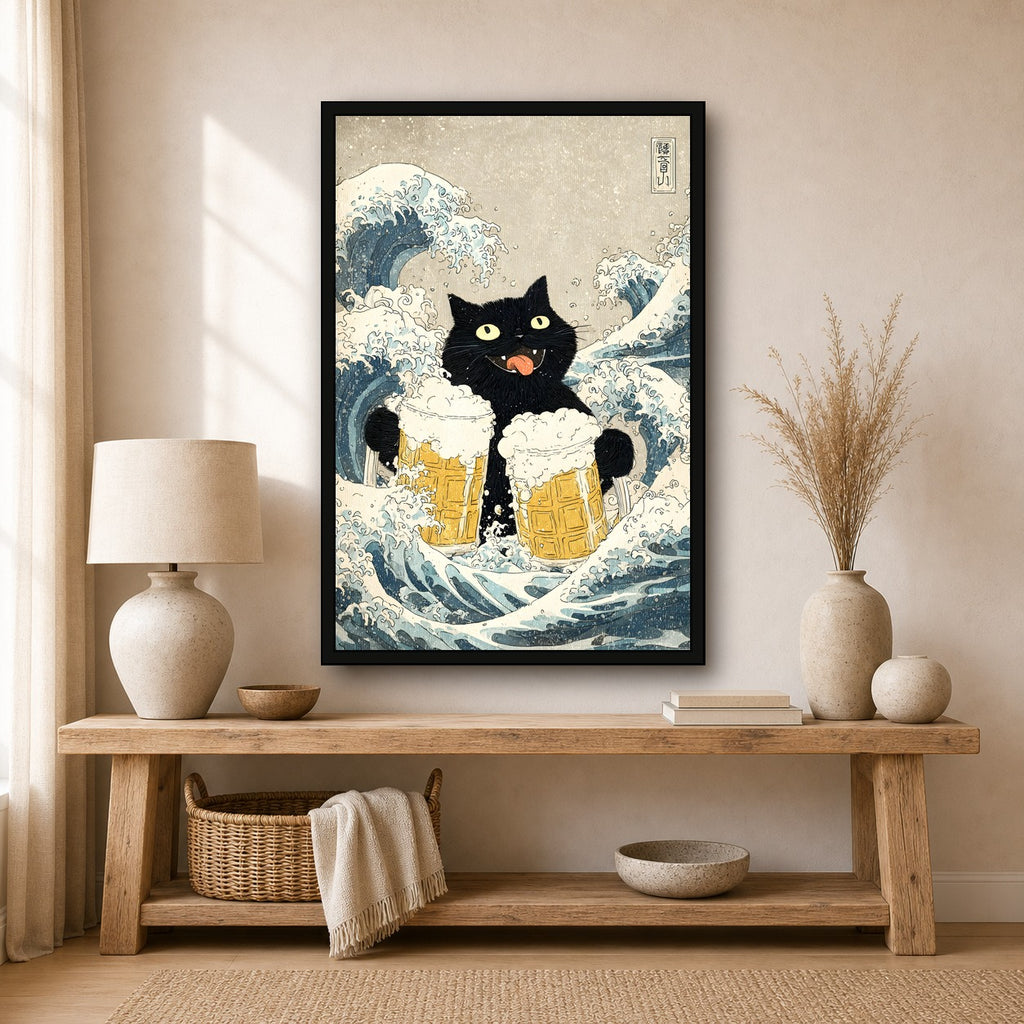 Cat Waves Beer Japanese Cat Poster - 2x3 room mockup