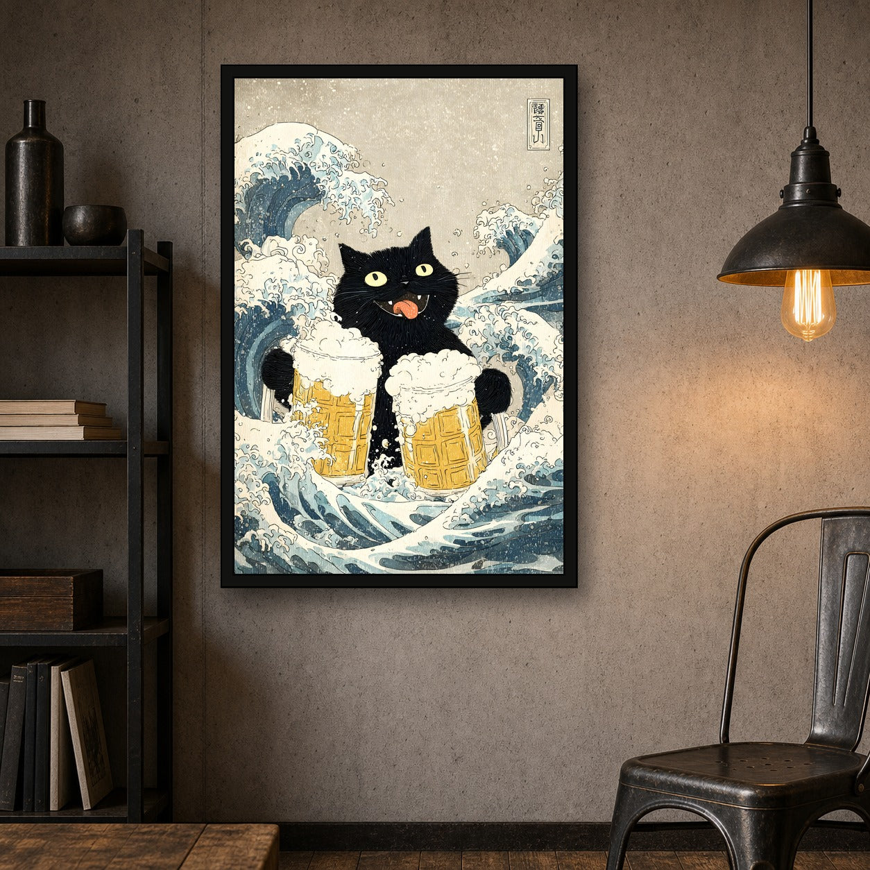 Cat Waves Beer Japanese Cat Poster - 2x3 room mockup