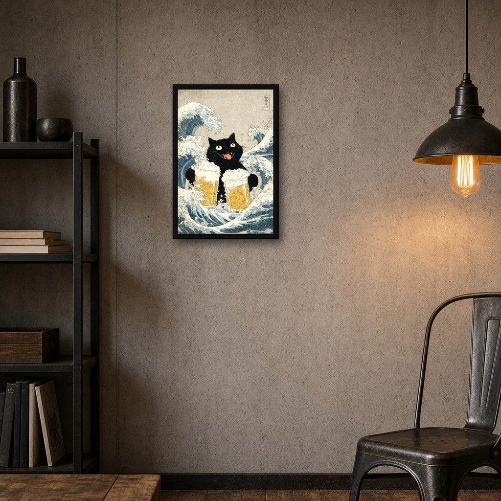 Cat Waves Beer Japanese Cat Poster - 2x3 room mockup