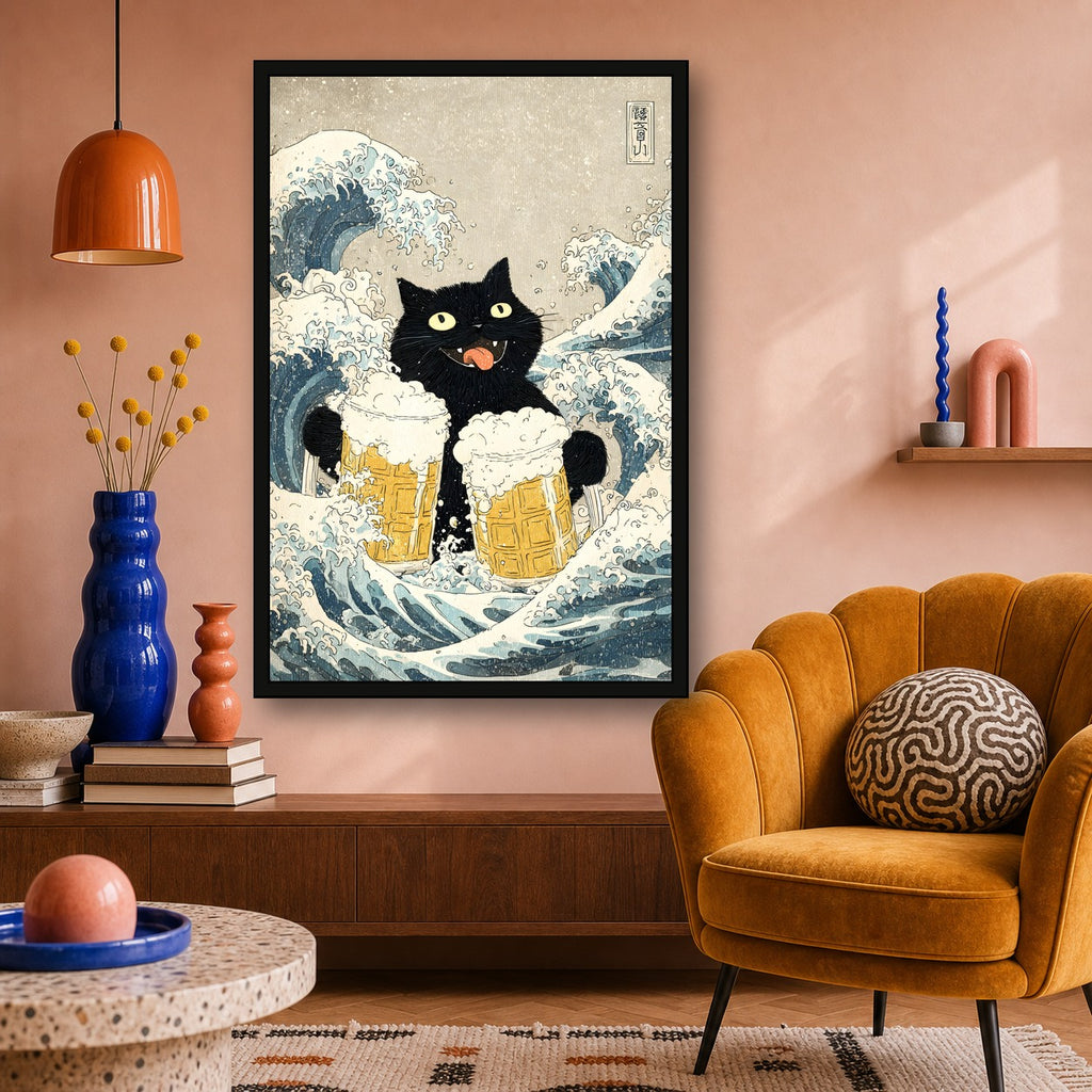Cat Waves Beer Japanese Cat Poster - 2x3 room mockup