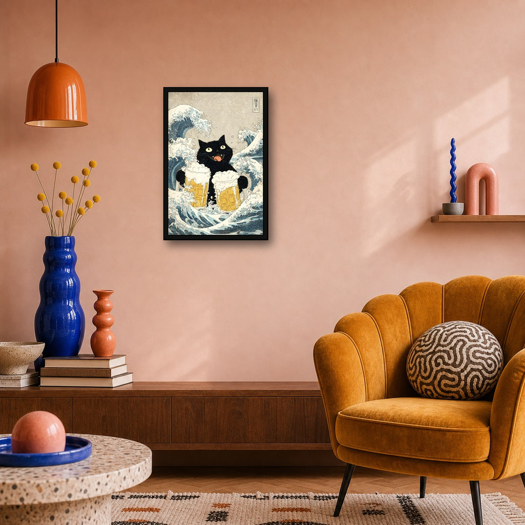 Cat Waves Beer Japanese Cat Poster - 2x3 room mockup
