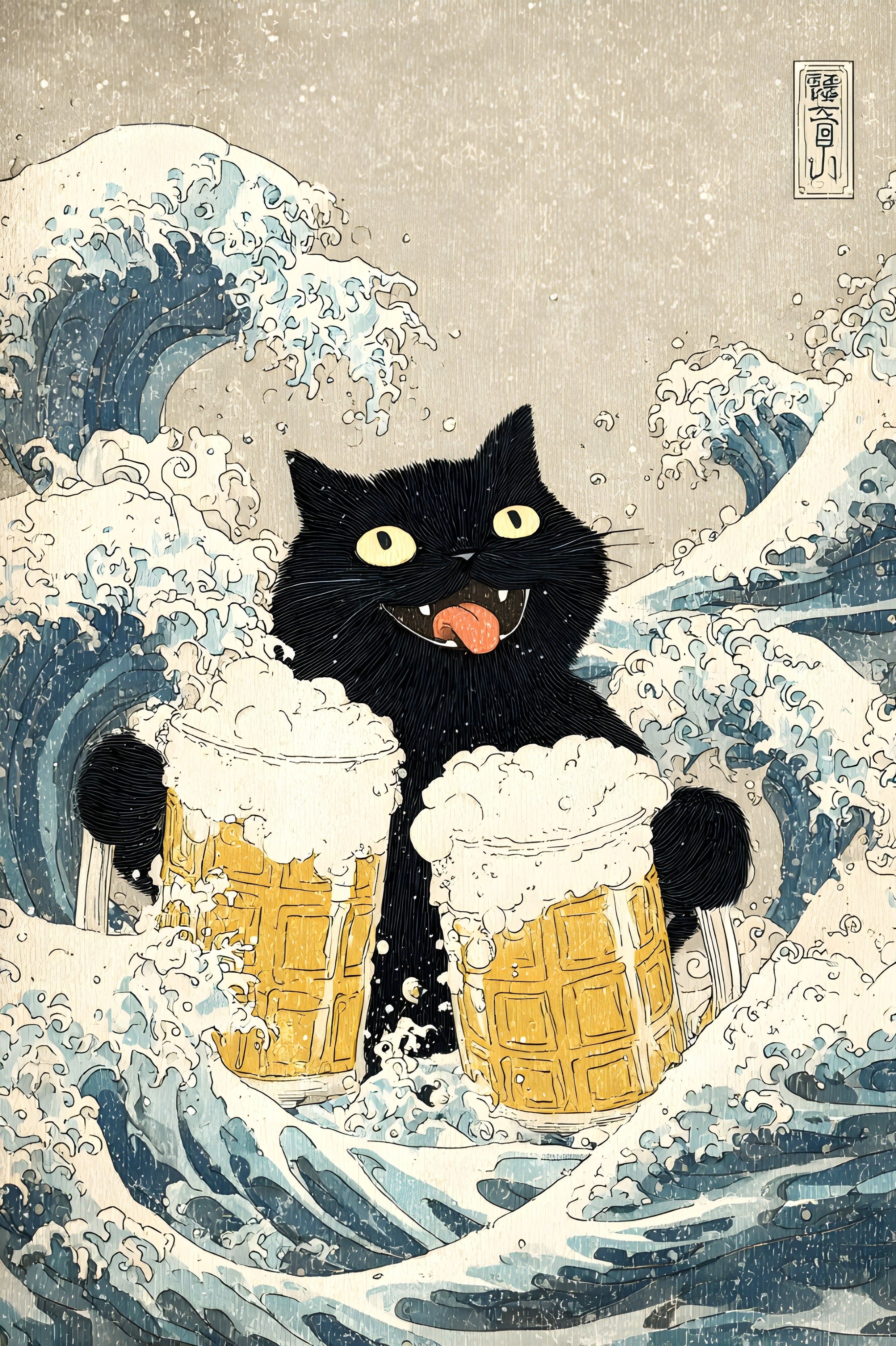 Cat Waves Beer Japanese Cat Poster