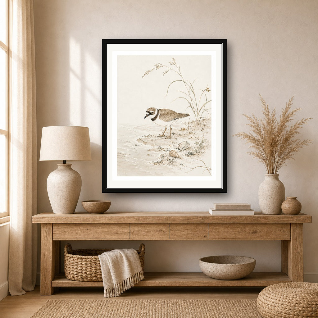 Charming Bird Beach Watercolor Poster, Coastal Nature Wall Art in Japanese Style, Serene Sandpiper Print - corrected 4x5 room mockup