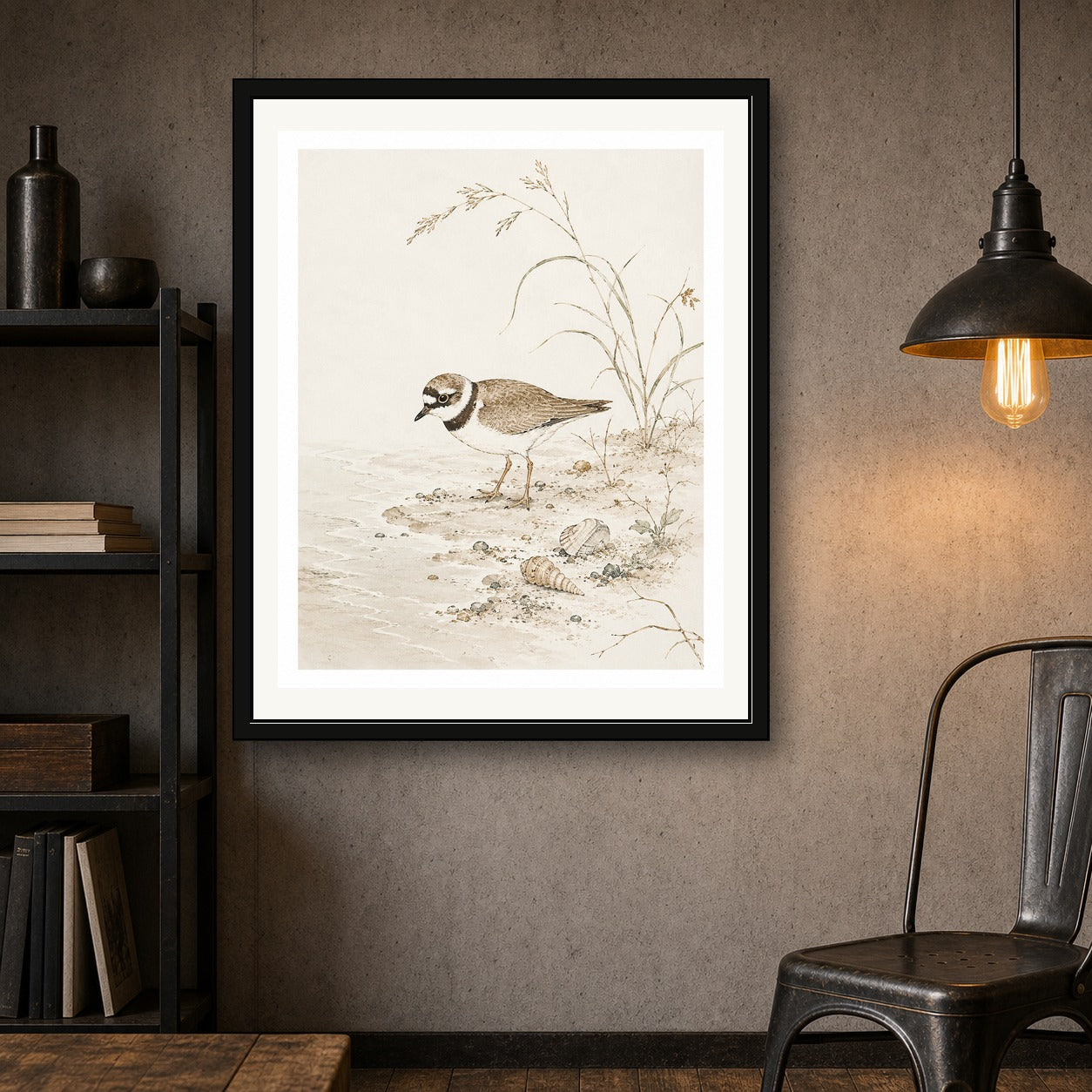 Charming Bird Beach Watercolor Poster, Coastal Nature Wall Art in Japanese Style, Serene Sandpiper Print - corrected 4x5 room mockup