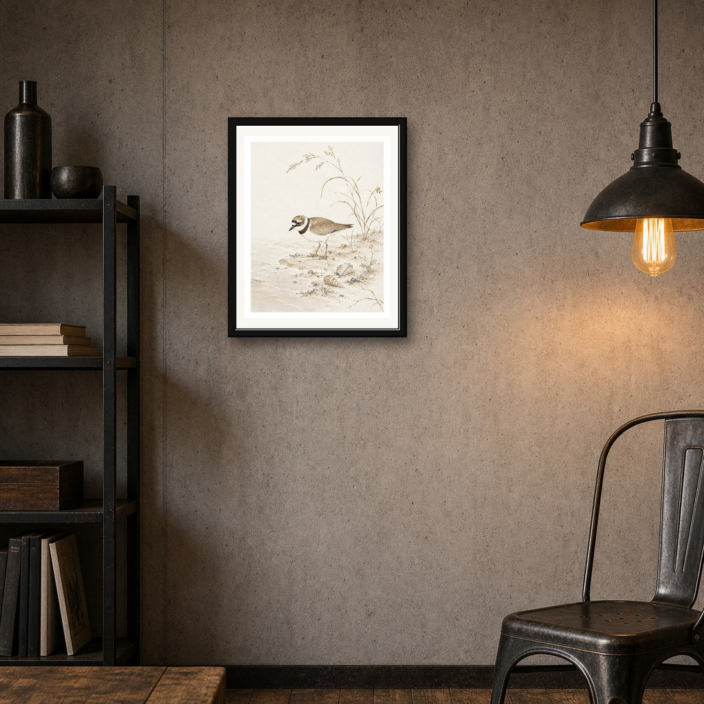 Charming Bird Beach Watercolor Poster, Coastal Nature Wall Art in Japanese Style, Serene Sandpiper Print - corrected 4x5 room mockup