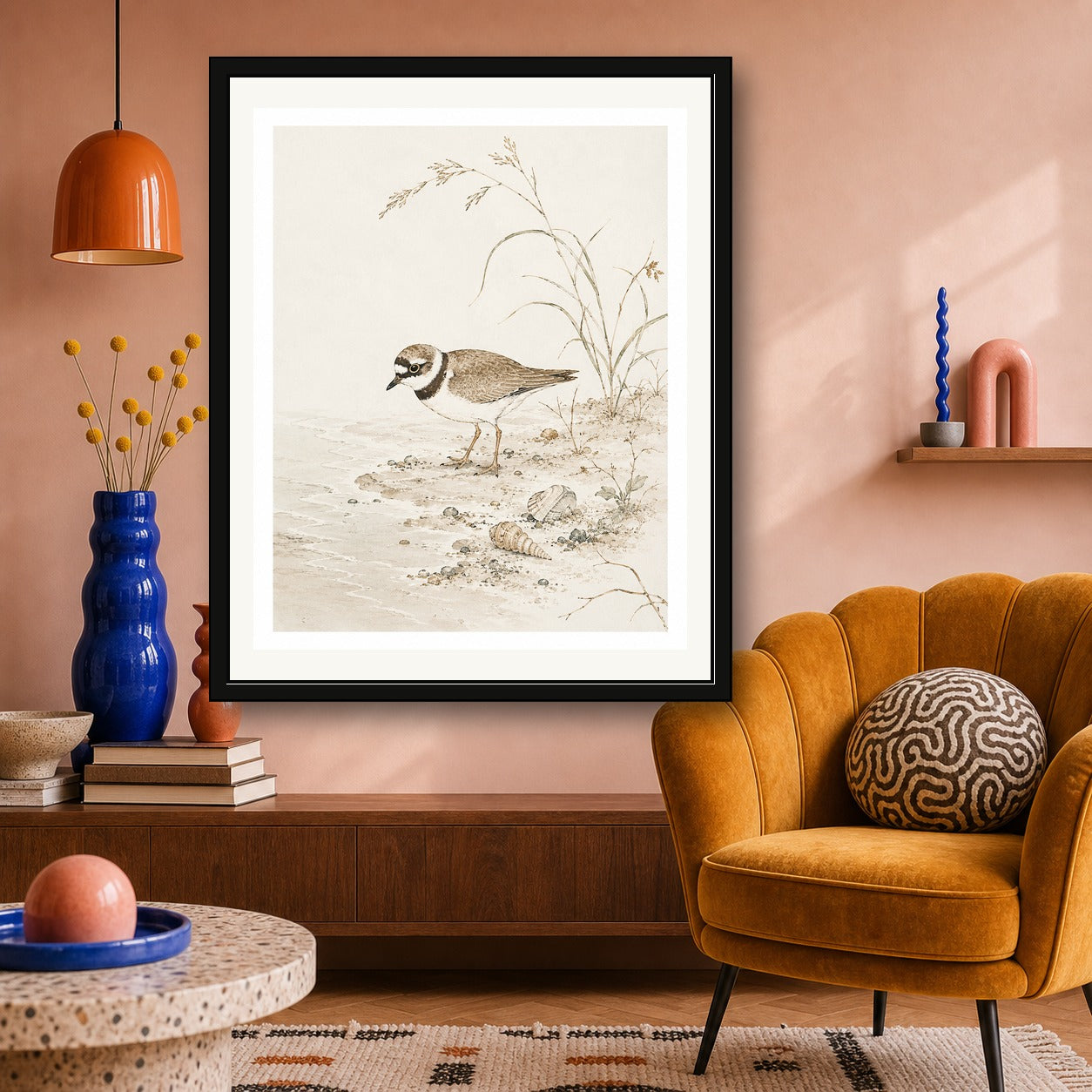 Charming Bird Beach Watercolor Poster, Coastal Nature Wall Art in Japanese Style, Serene Sandpiper Print - corrected 4x5 room mockup