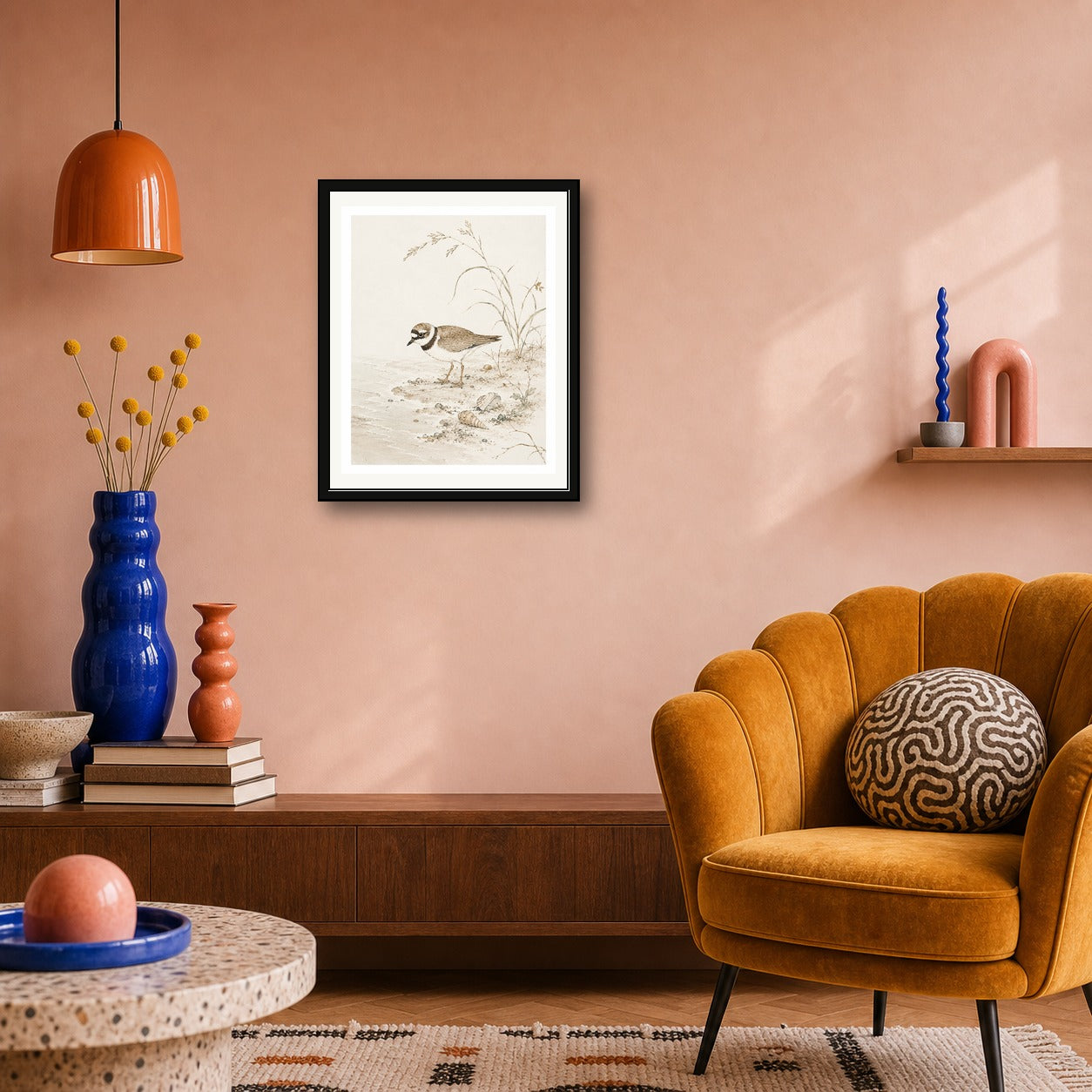Charming Bird Beach Watercolor Poster, Coastal Nature Wall Art in Japanese Style, Serene Sandpiper Print - corrected 4x5 room mockup