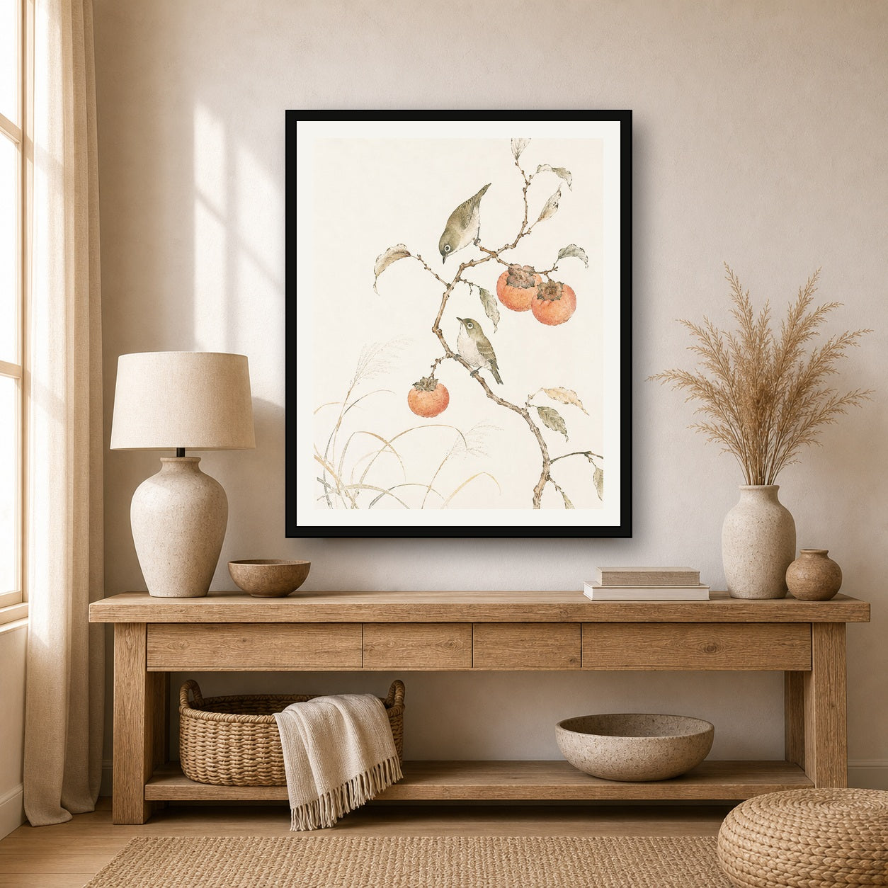 Charming Birds & Persimmon Tree Poster - Tranquil Japanese Wall Art in Various Sizes - 4x5 room mockup