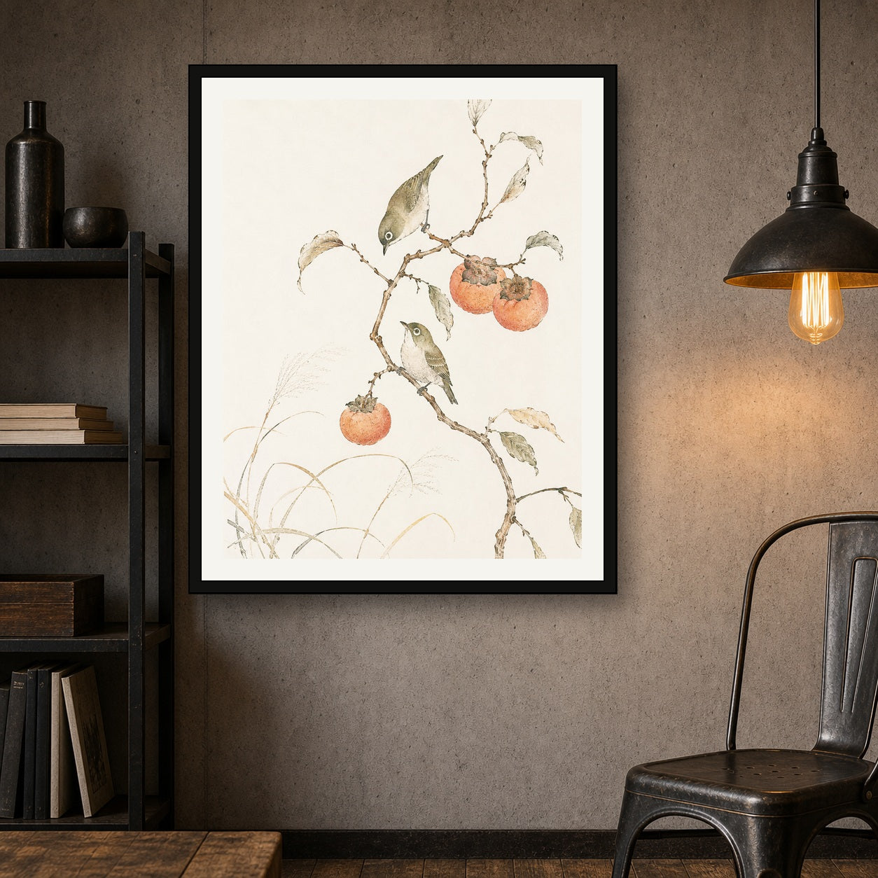 Charming Birds & Persimmon Tree Poster - Tranquil Japanese Wall Art in Various Sizes - 4x5 room mockup