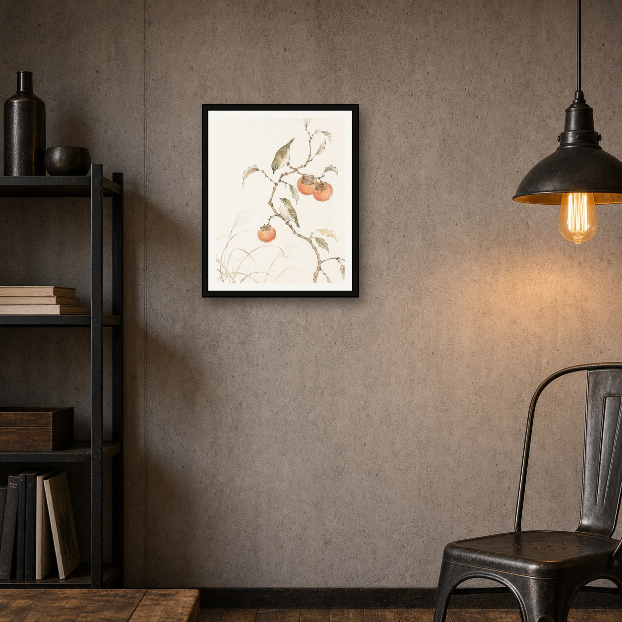 Charming Birds & Persimmon Tree Poster - Tranquil Japanese Wall Art in Various Sizes - 4x5 room mockup
