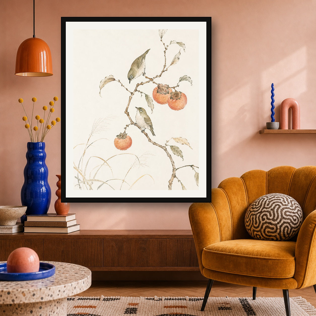 Charming Birds & Persimmon Tree Poster - Tranquil Japanese Wall Art in Various Sizes - 4x5 room mockup