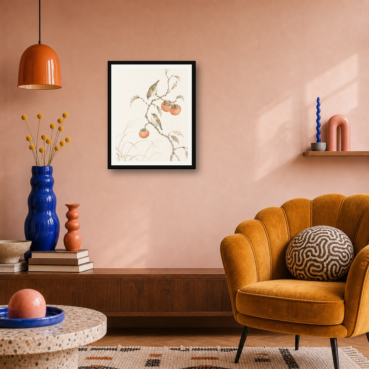Charming Birds & Persimmon Tree Poster - Tranquil Japanese Wall Art in Various Sizes - 4x5 room mockup