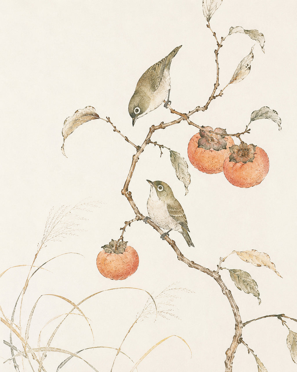 Charming Birds & Persimmon Tree Poster - Tranquil Japanese Wall Art in Various Sizes - full 4x5 artwork