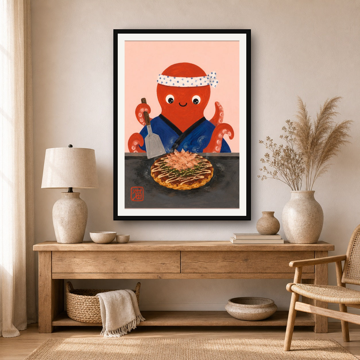 Charming Chef Octopus Okonomiyaki Poster - Whimsical Japanese Food Art Print for Kitchen & Dining - A room mockup