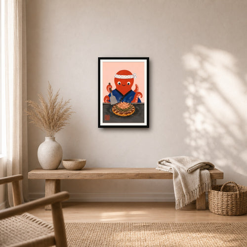 Charming Chef Octopus Okonomiyaki Poster - Whimsical Japanese Food Art Print for Kitchen & Dining - A room mockup