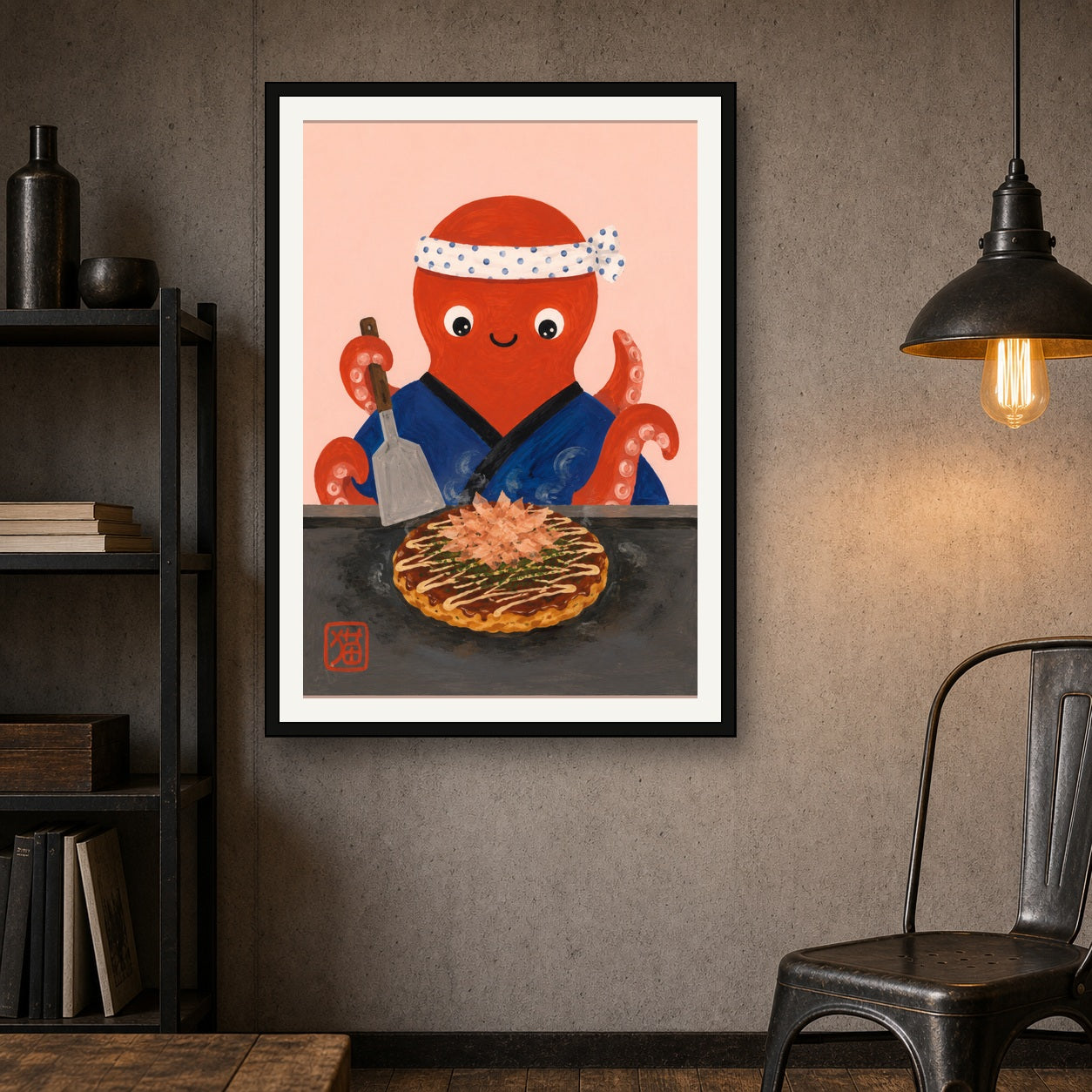 Charming Chef Octopus Okonomiyaki Poster - Whimsical Japanese Food Art Print for Kitchen & Dining - A room mockup