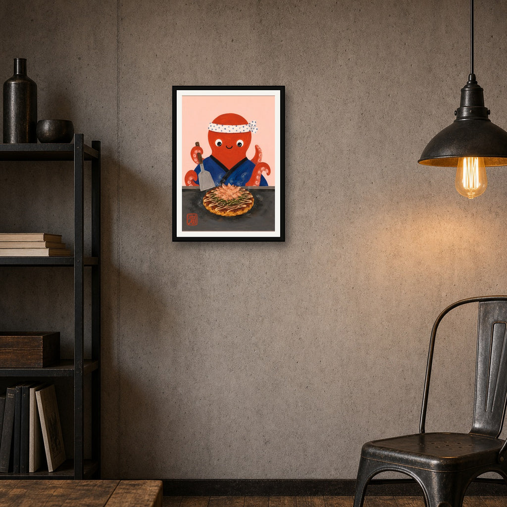 Charming Chef Octopus Okonomiyaki Poster - Whimsical Japanese Food Art Print for Kitchen & Dining - A room mockup