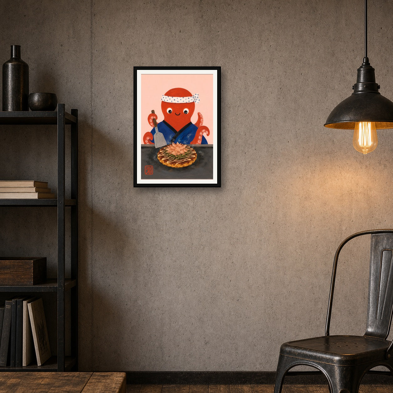 Charming Chef Octopus Okonomiyaki Poster - Whimsical Japanese Food Art Print for Kitchen & Dining - A room mockup