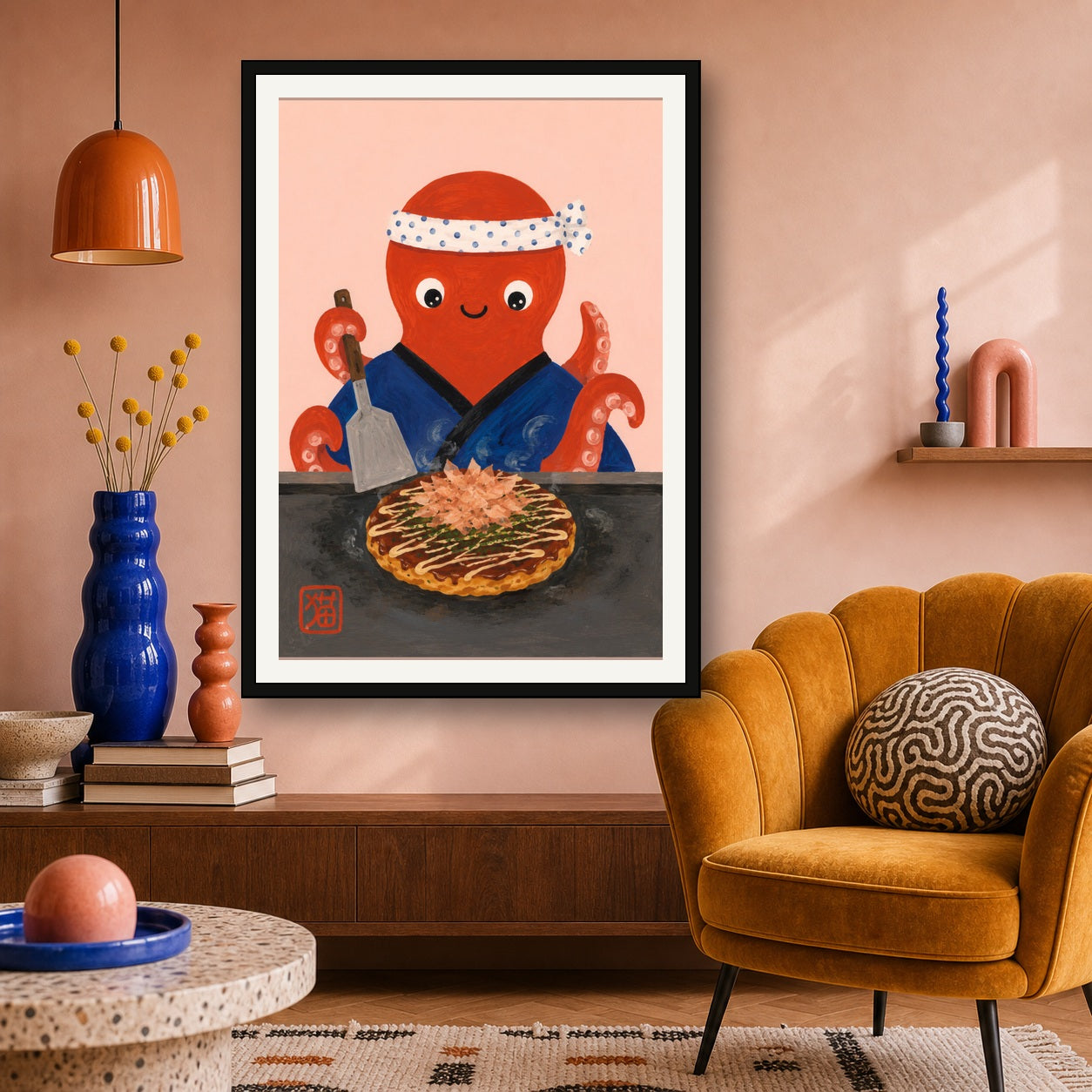 Charming Chef Octopus Okonomiyaki Poster - Whimsical Japanese Food Art Print for Kitchen & Dining - A room mockup