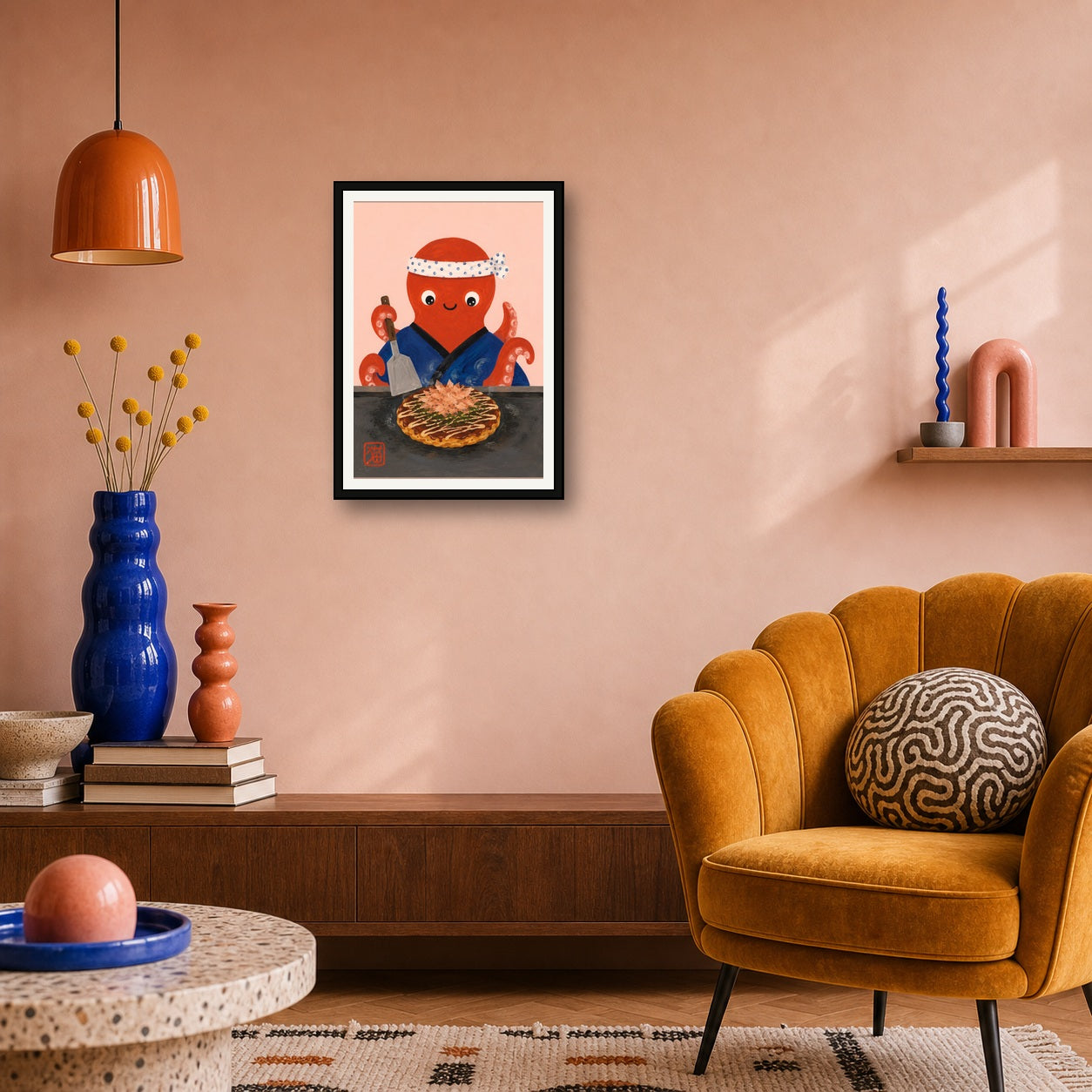 Charming Chef Octopus Okonomiyaki Poster - Whimsical Japanese Food Art Print for Kitchen & Dining - A room mockup