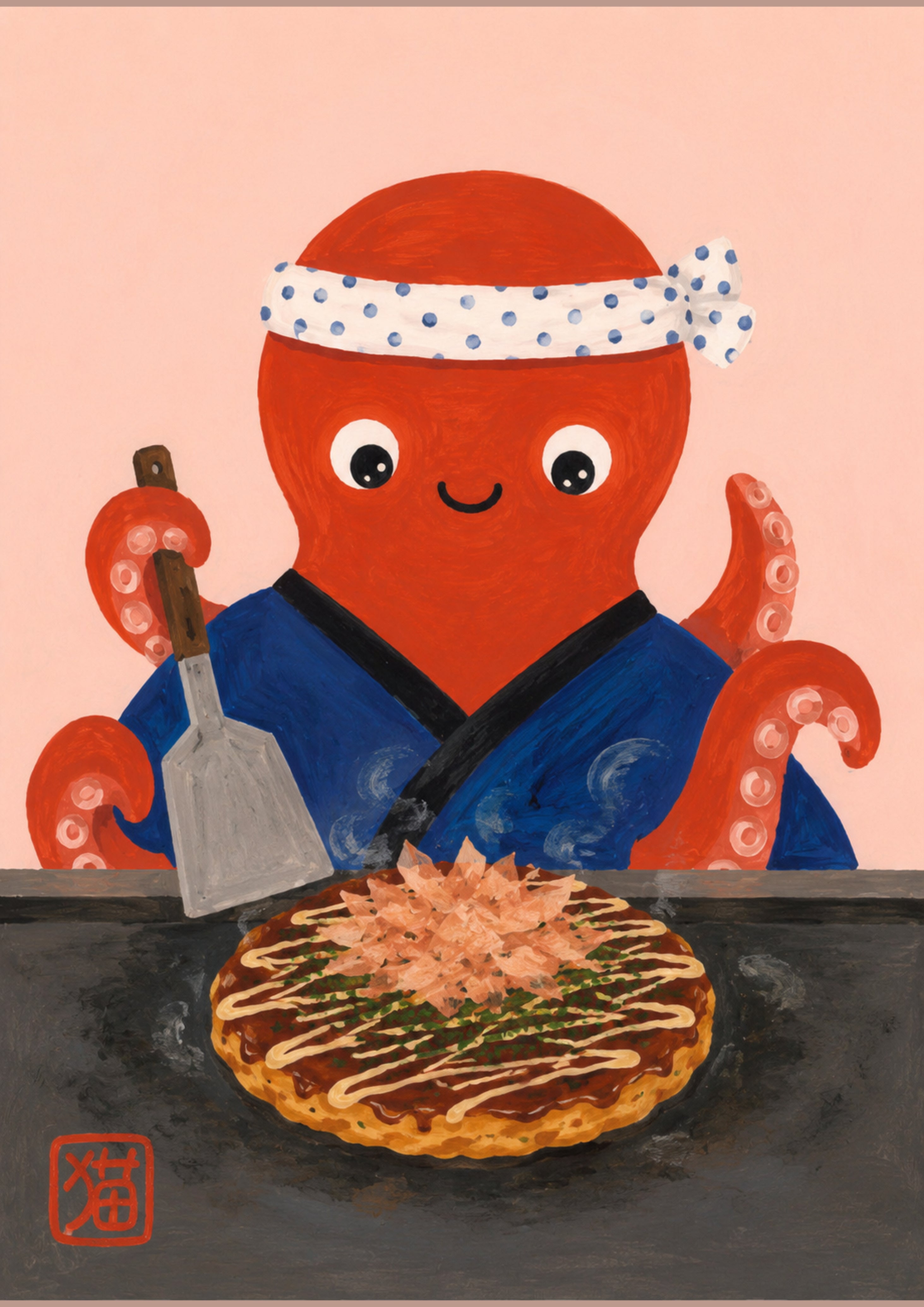 Charming Chef Octopus Okonomiyaki Poster - Whimsical Japanese Food Art Print for Kitchen & Dining - full A artwork