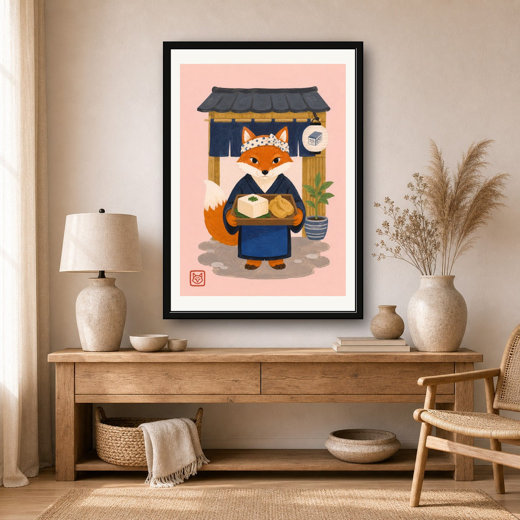 Charming Fox Chef Portrait Poster, Japanese Inspired Wall Art, Whimsical Cafe Decor Print in Various Sizes - corrected A room mockup