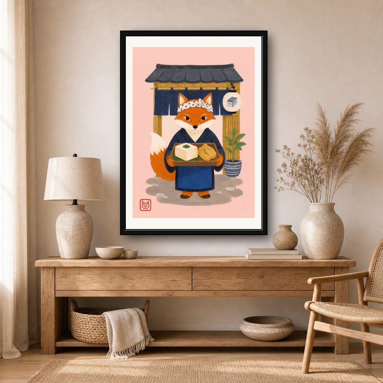 Charming Fox Chef Portrait Poster, Japanese Inspired Wall Art, Whimsical Cafe Decor Print in Various Sizes - corrected A room mockup