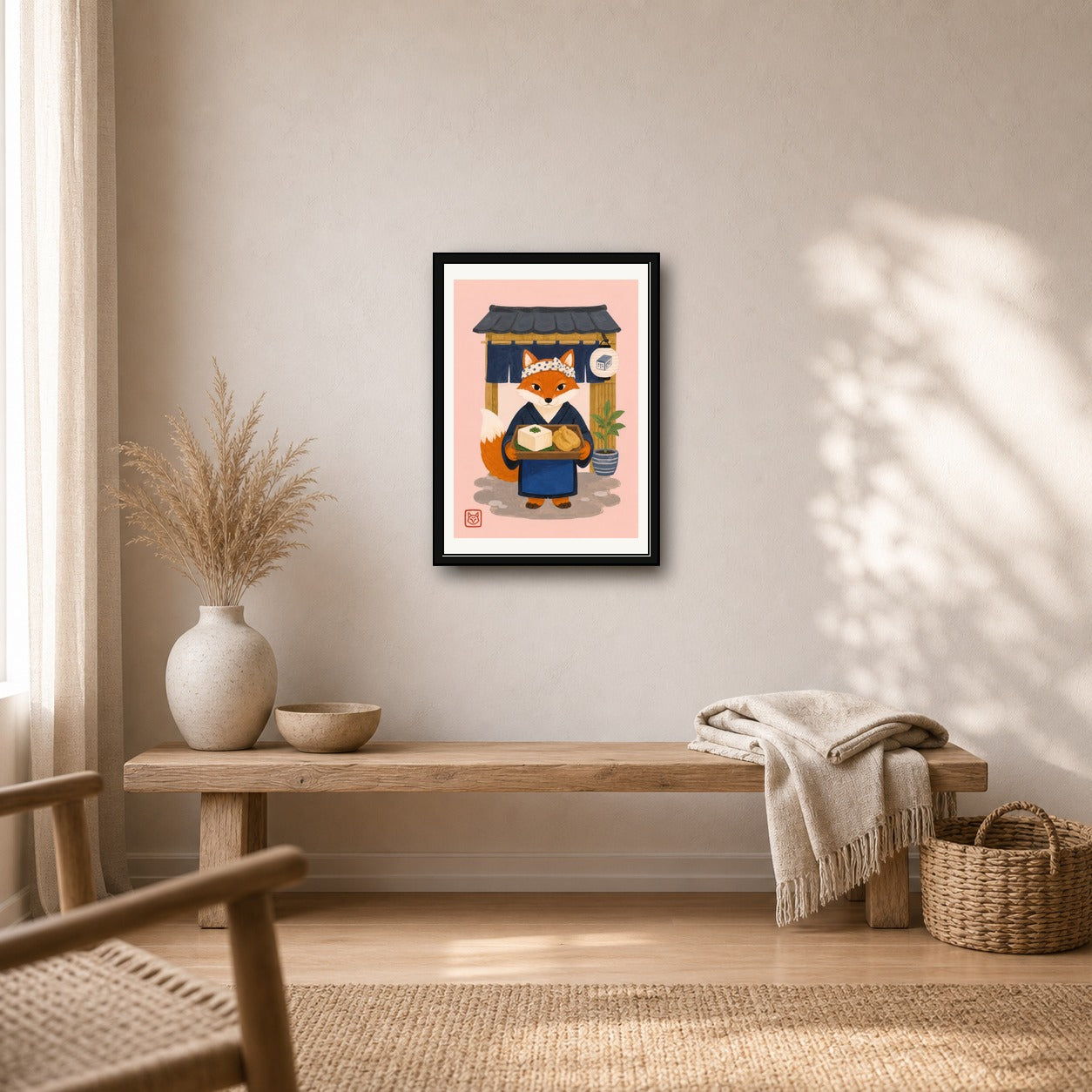 Charming Fox Chef Portrait Poster, Japanese Inspired Wall Art, Whimsical Cafe Decor Print in Various Sizes - corrected A room mockup
