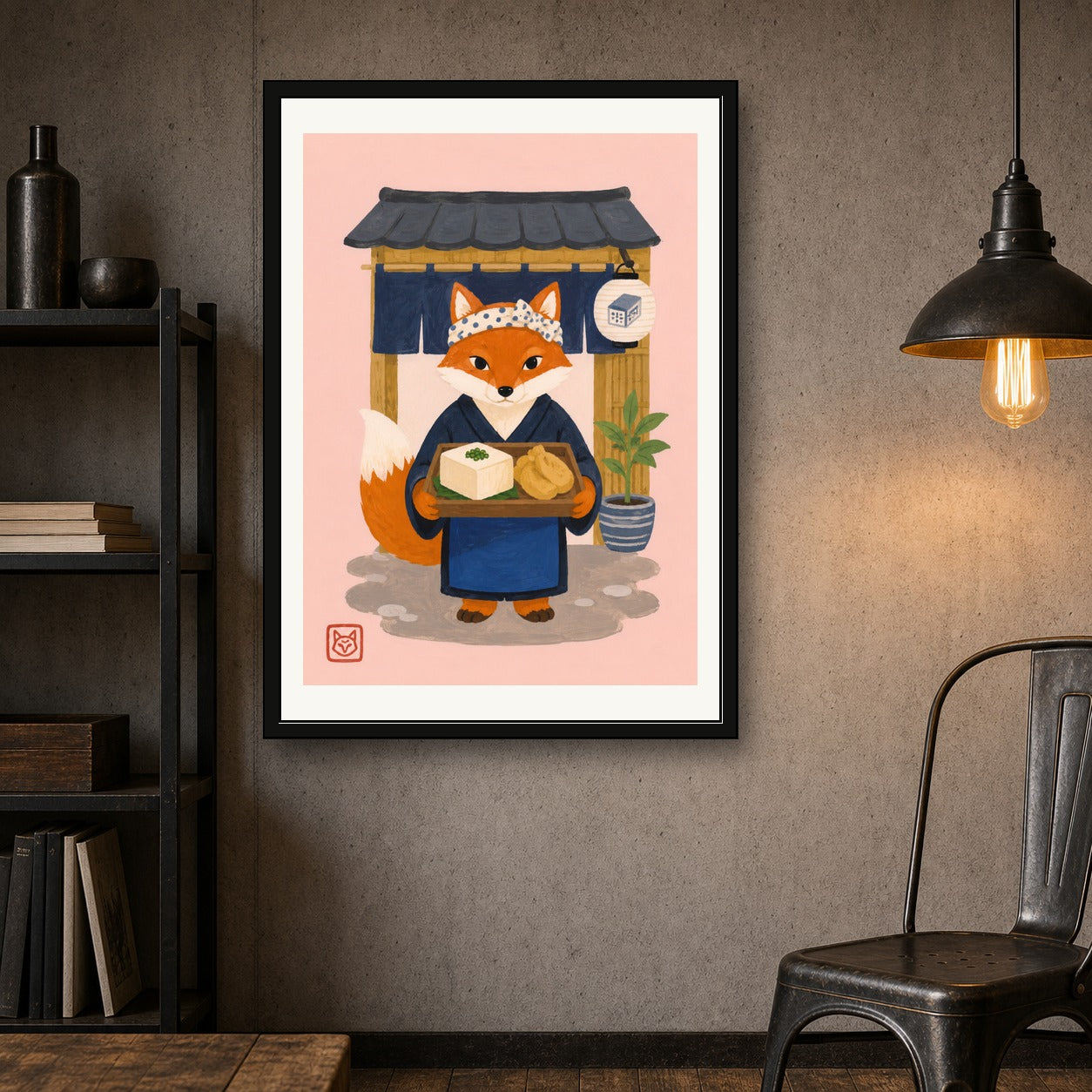 Charming Fox Chef Portrait Poster, Japanese Inspired Wall Art, Whimsical Cafe Decor Print in Various Sizes - corrected A room mockup