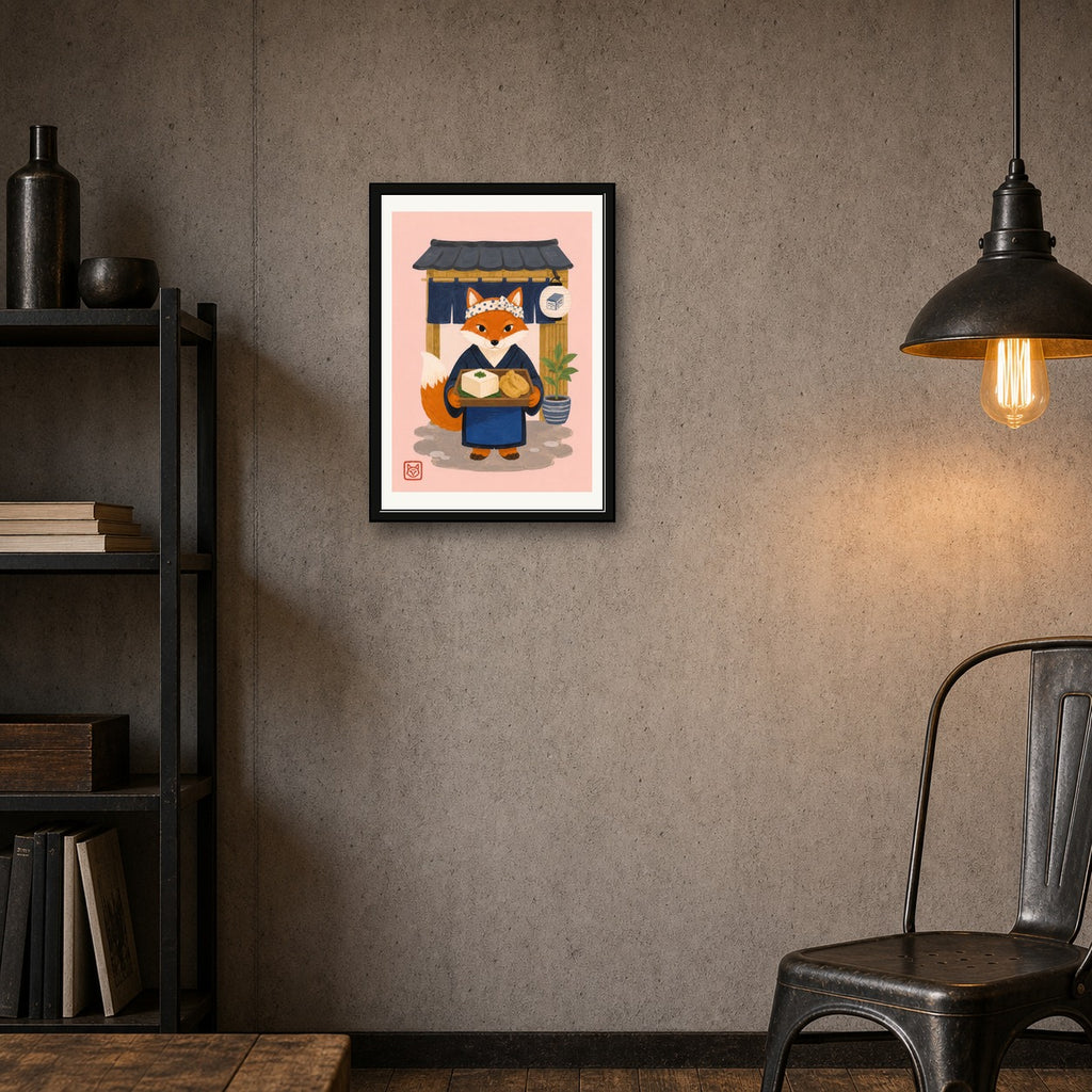 Charming Fox Chef Portrait Poster, Japanese Inspired Wall Art, Whimsical Cafe Decor Print in Various Sizes - corrected A room mockup