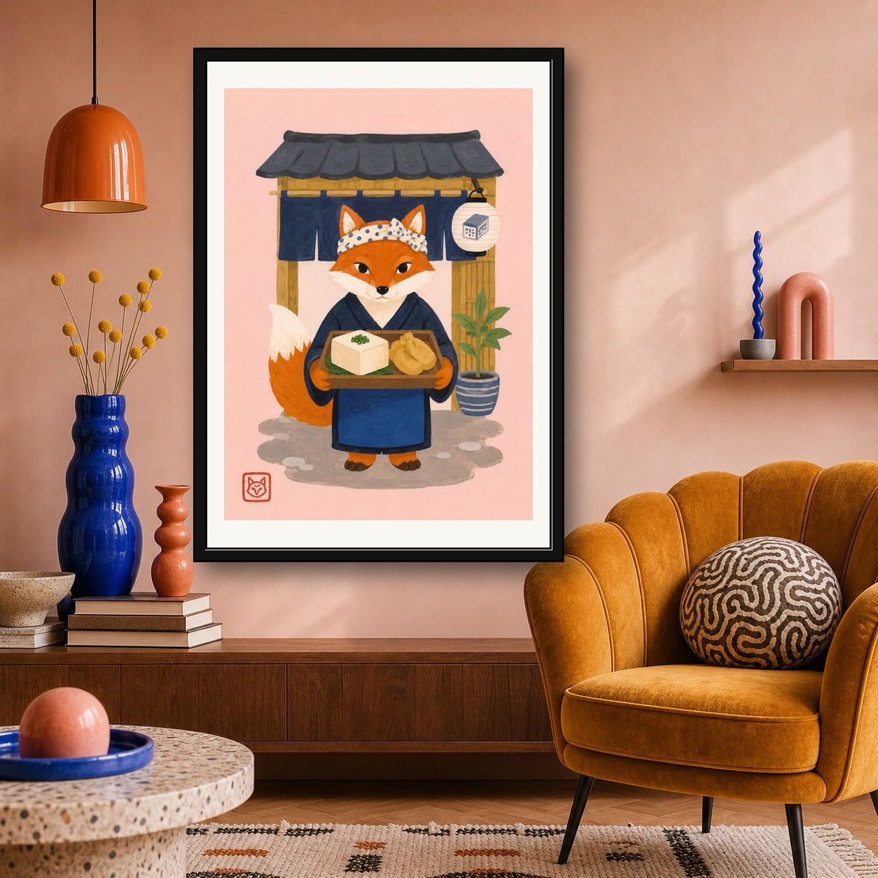 Charming Fox Chef Portrait Poster, Japanese Inspired Wall Art, Whimsical Cafe Decor Print in Various Sizes - corrected A room mockup
