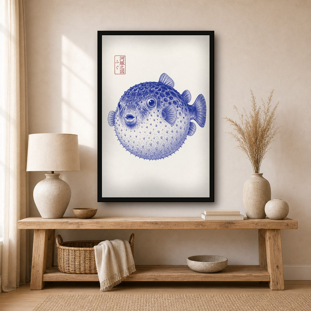 Charming Fugu Pufferfish Print, Japanese Ukiyo-e Style Wall Art, Blue & White Coastal Decor - 2x3 room mockup