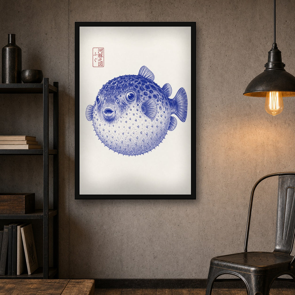 Charming Fugu Pufferfish Print, Japanese Ukiyo-e Style Wall Art, Blue & White Coastal Decor - 2x3 room mockup
