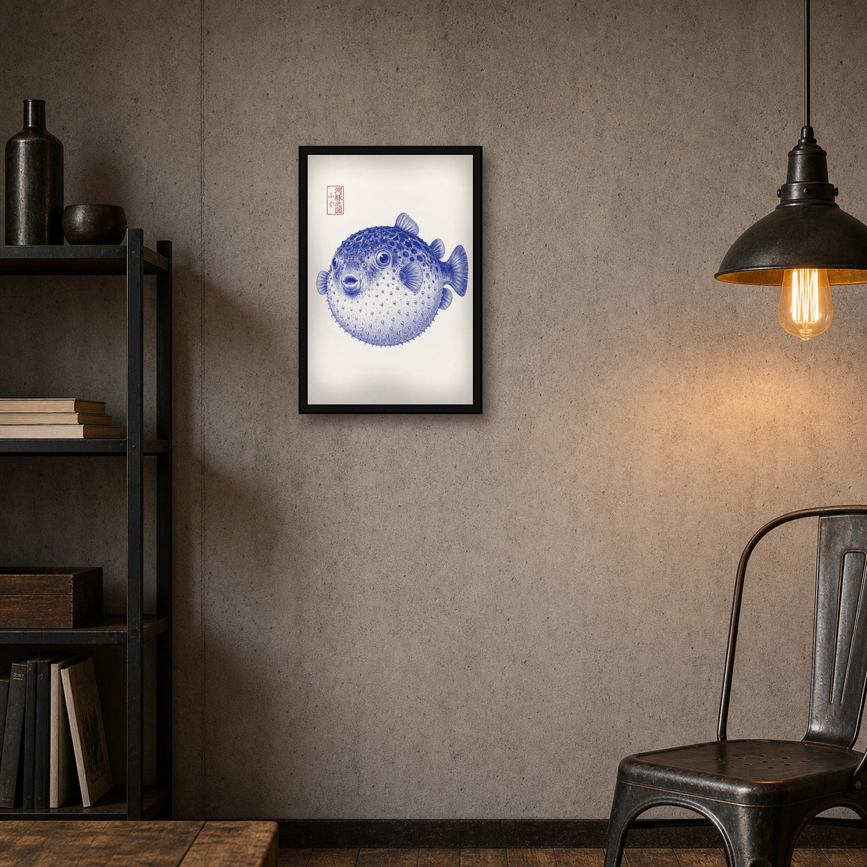 Charming Fugu Pufferfish Print, Japanese Ukiyo-e Style Wall Art, Blue & White Coastal Decor - 2x3 room mockup