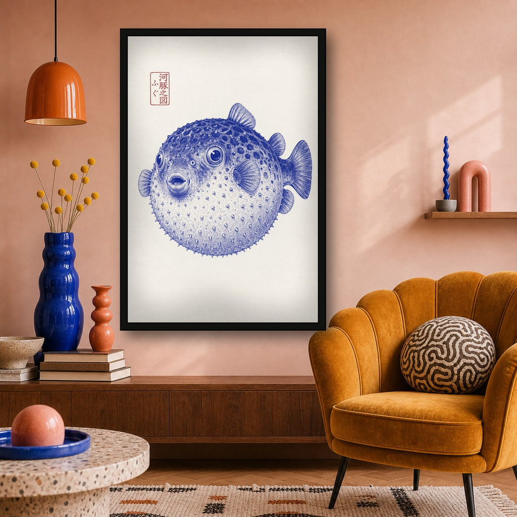 Charming Fugu Pufferfish Print, Japanese Ukiyo-e Style Wall Art, Blue & White Coastal Decor - 2x3 room mockup