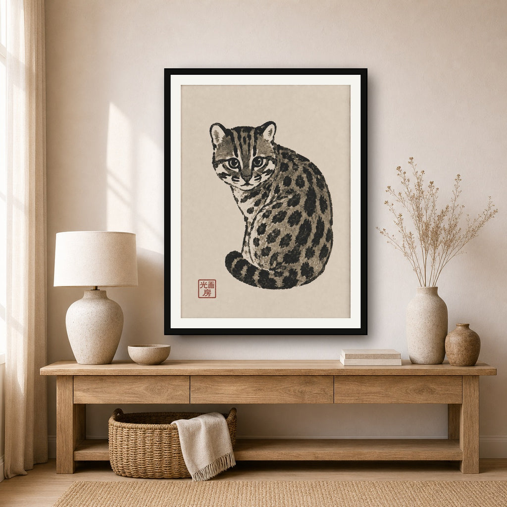 Charming Ocelot Art Print, Japanese Sumi-e Inspired Wall Decor, Serene Feline Poster in Various Sizes - 3x4 room mockup