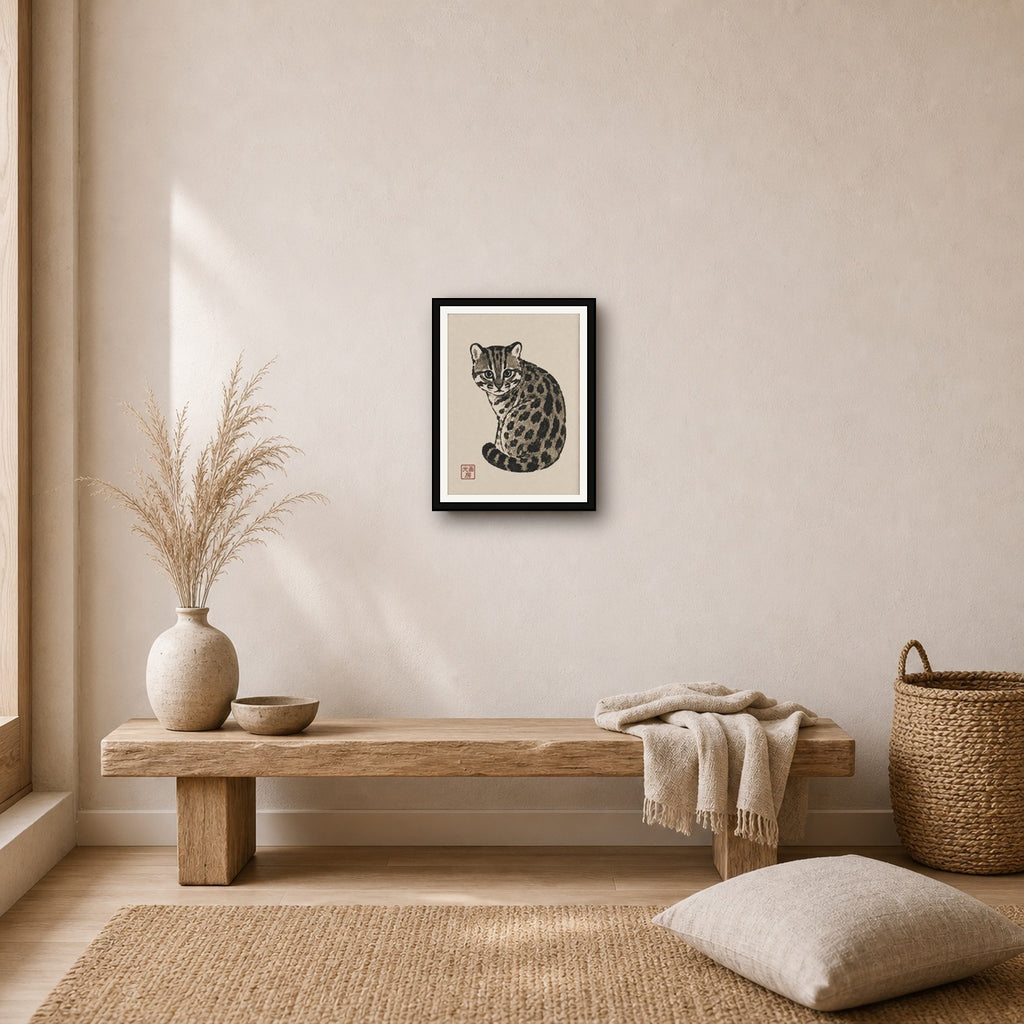 Charming Ocelot Art Print, Japanese Sumi-e Inspired Wall Decor, Serene Feline Poster in Various Sizes - 3x4 room mockup