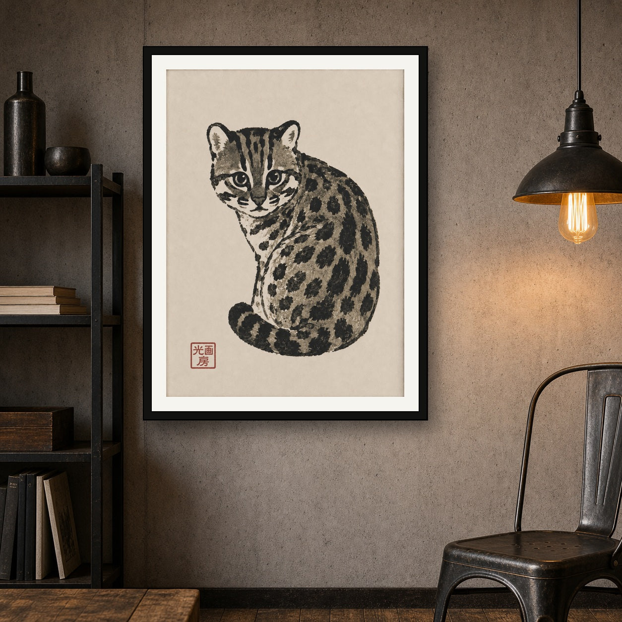 Charming Ocelot Art Print, Japanese Sumi-e Inspired Wall Decor, Serene Feline Poster in Various Sizes - 3x4 room mockup