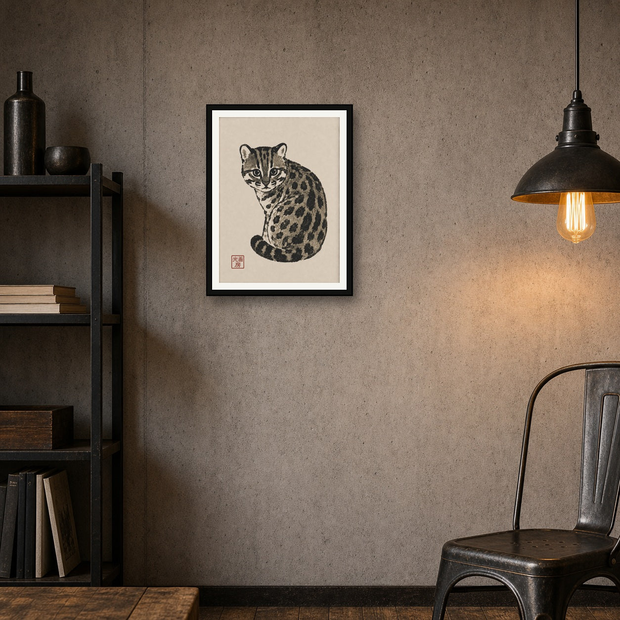 Charming Ocelot Art Print, Japanese Sumi-e Inspired Wall Decor, Serene Feline Poster in Various Sizes - 3x4 room mockup