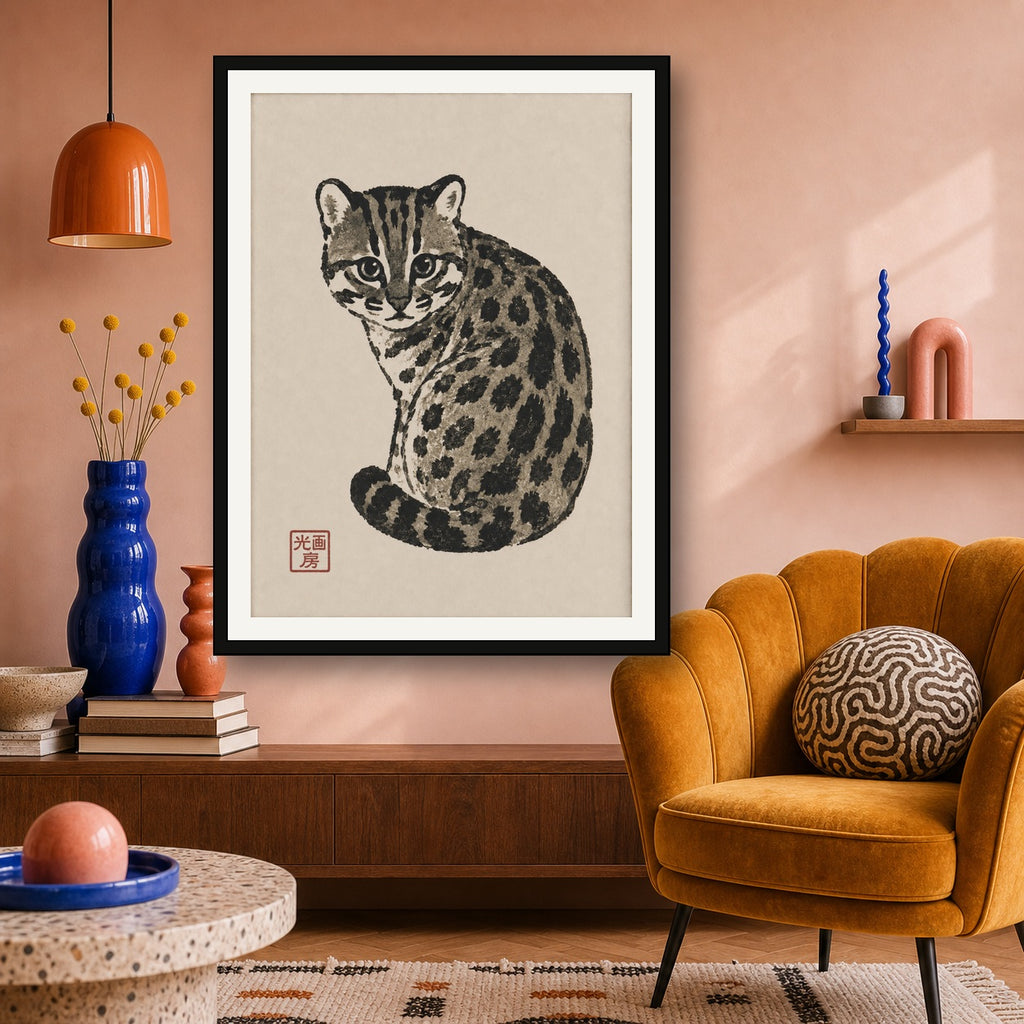 Charming Ocelot Art Print, Japanese Sumi-e Inspired Wall Decor, Serene Feline Poster in Various Sizes - 3x4 room mockup
