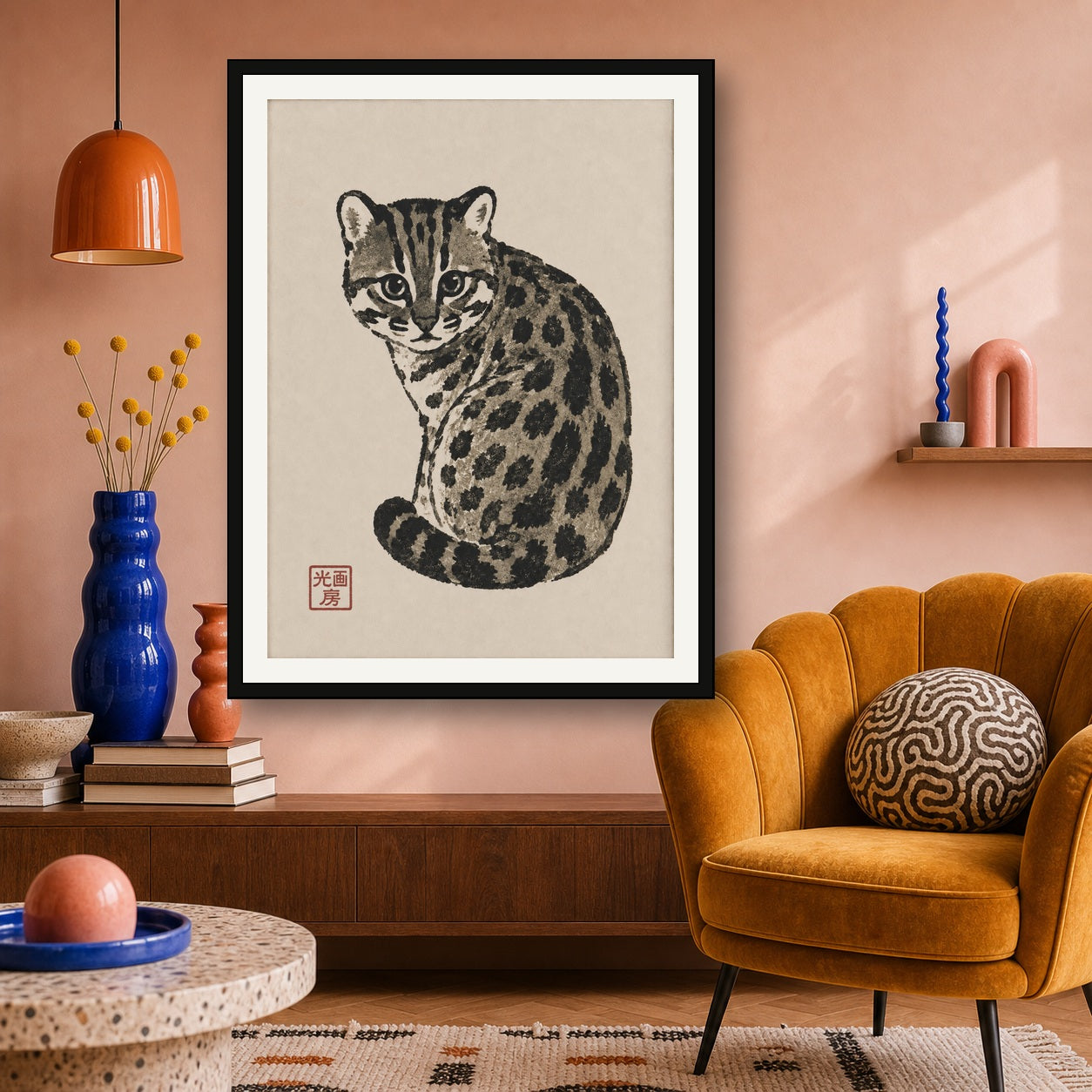 Charming Ocelot Art Print, Japanese Sumi-e Inspired Wall Decor, Serene Feline Poster in Various Sizes - 3x4 room mockup